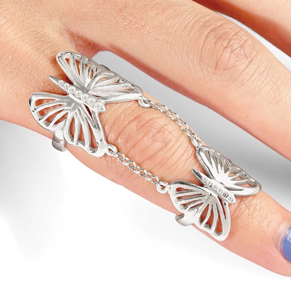 Sterling Silver Polished CZ Butterfly Double Finger Ring