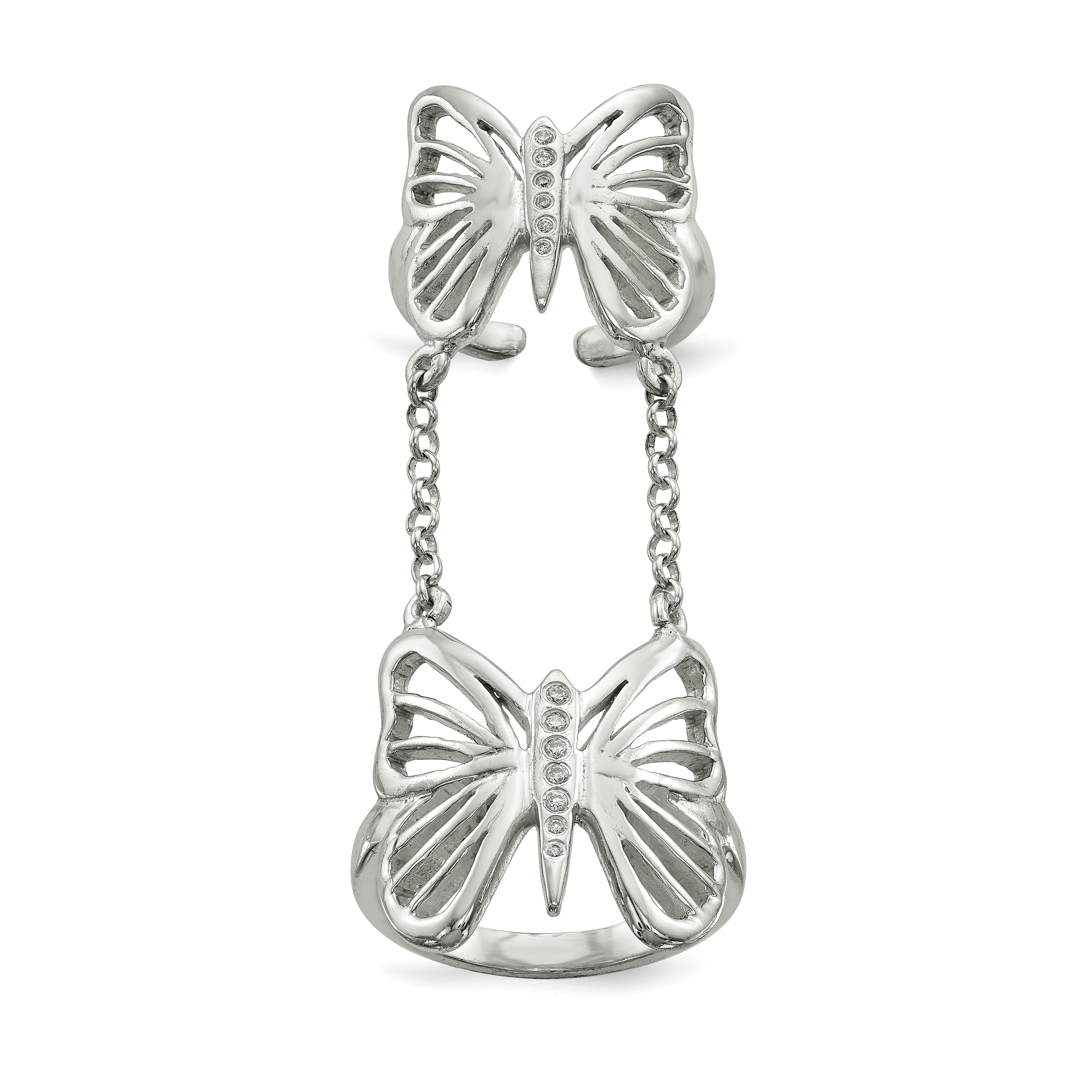 Sterling Silver Polished CZ Butterfly Double Finger Ring (QR6660-8)