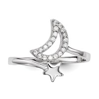Sterling Silver Rhodium-plated CZ Moon and Star Ring view 4