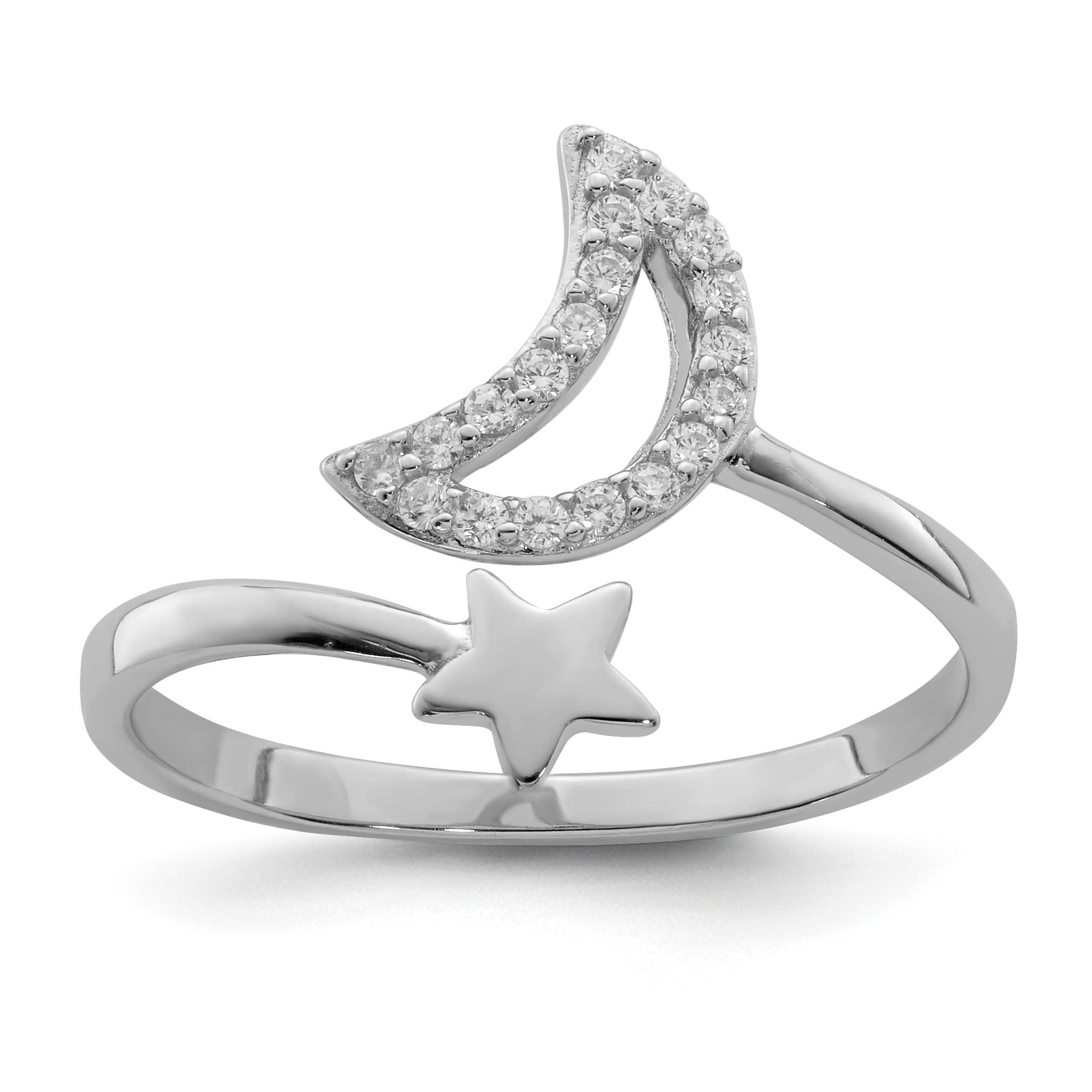 Sterling Silver Rhodium-plated CZ Moon and Star Ring (QR6693-6)