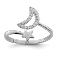 Sterling Silver Rhodium-plated CZ Moon and Star Ring view 1