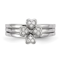 Sterling Silver Rhodium-plated CZ Heart Clover 3 Ring Set view 4