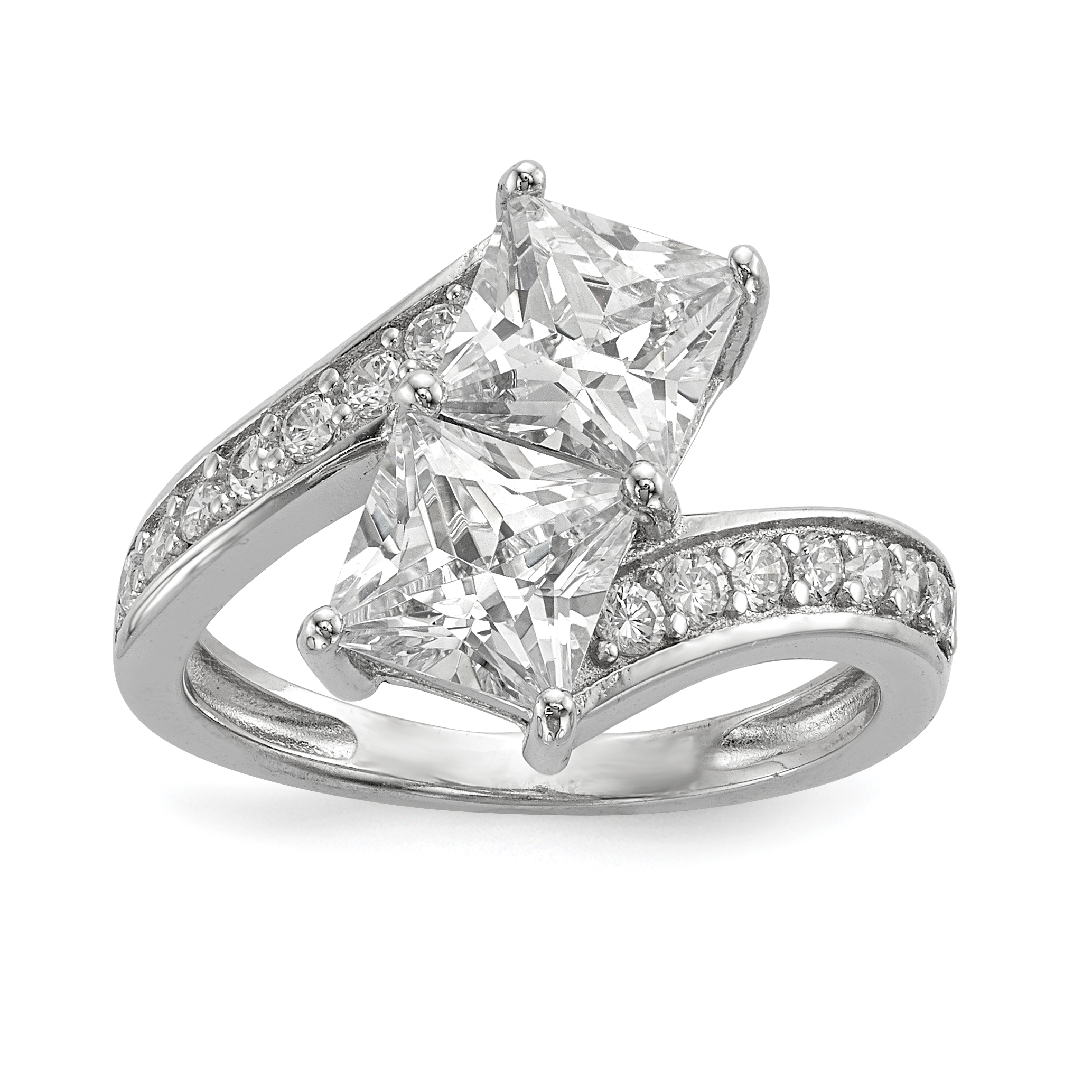 Sterling Silver Rhodium-plated CZ Two Stone Square Bypass Ring (QR6710-6)