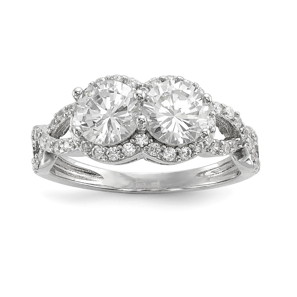 Sterling Silver Rhodium-plated CZ Two Stone Halo Ring