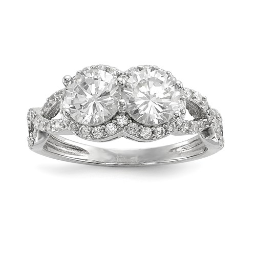 Sterling Silver Rhodium-plated CZ Two Stone Halo Ring