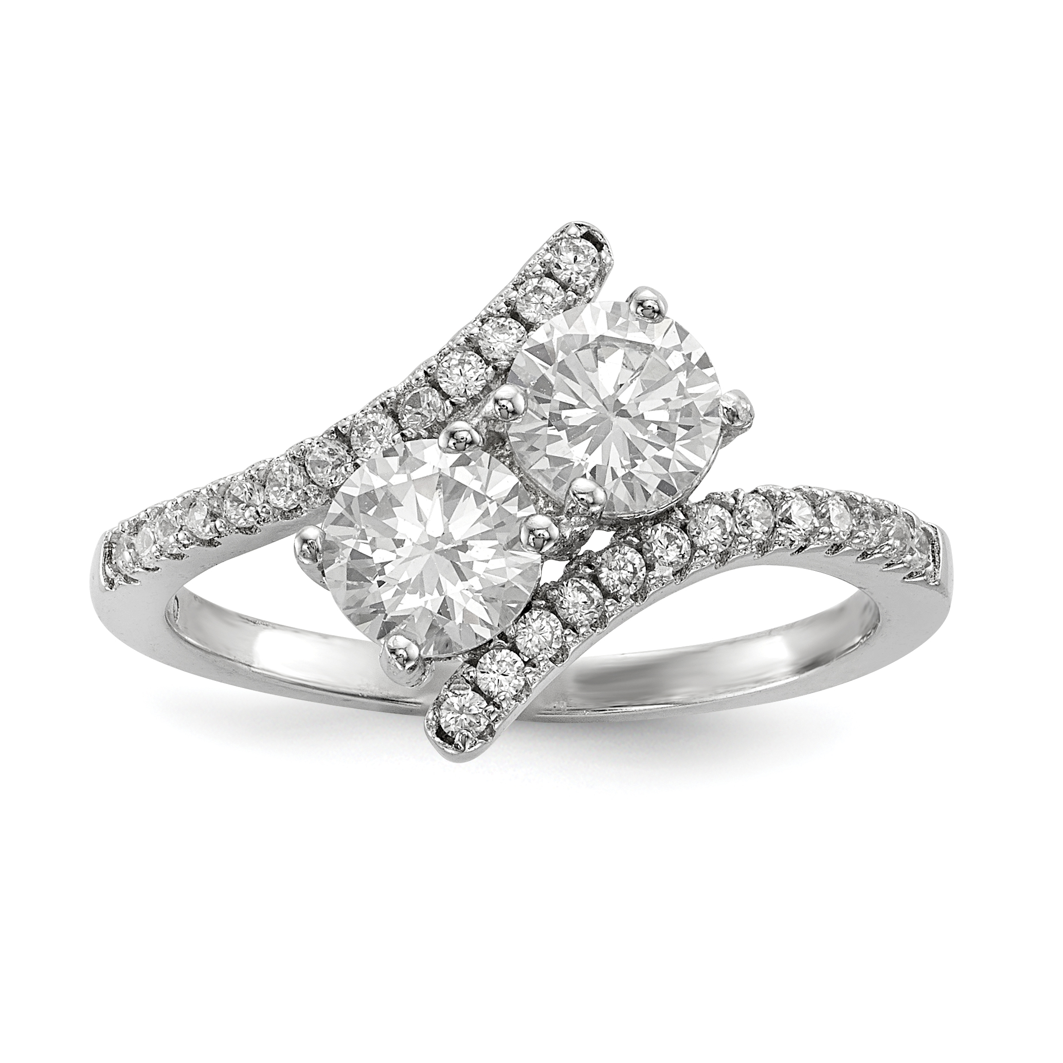 Sterling Silver Rhodium-plated CZ Two Stone Polished Bypass Ring (QR6714-6)