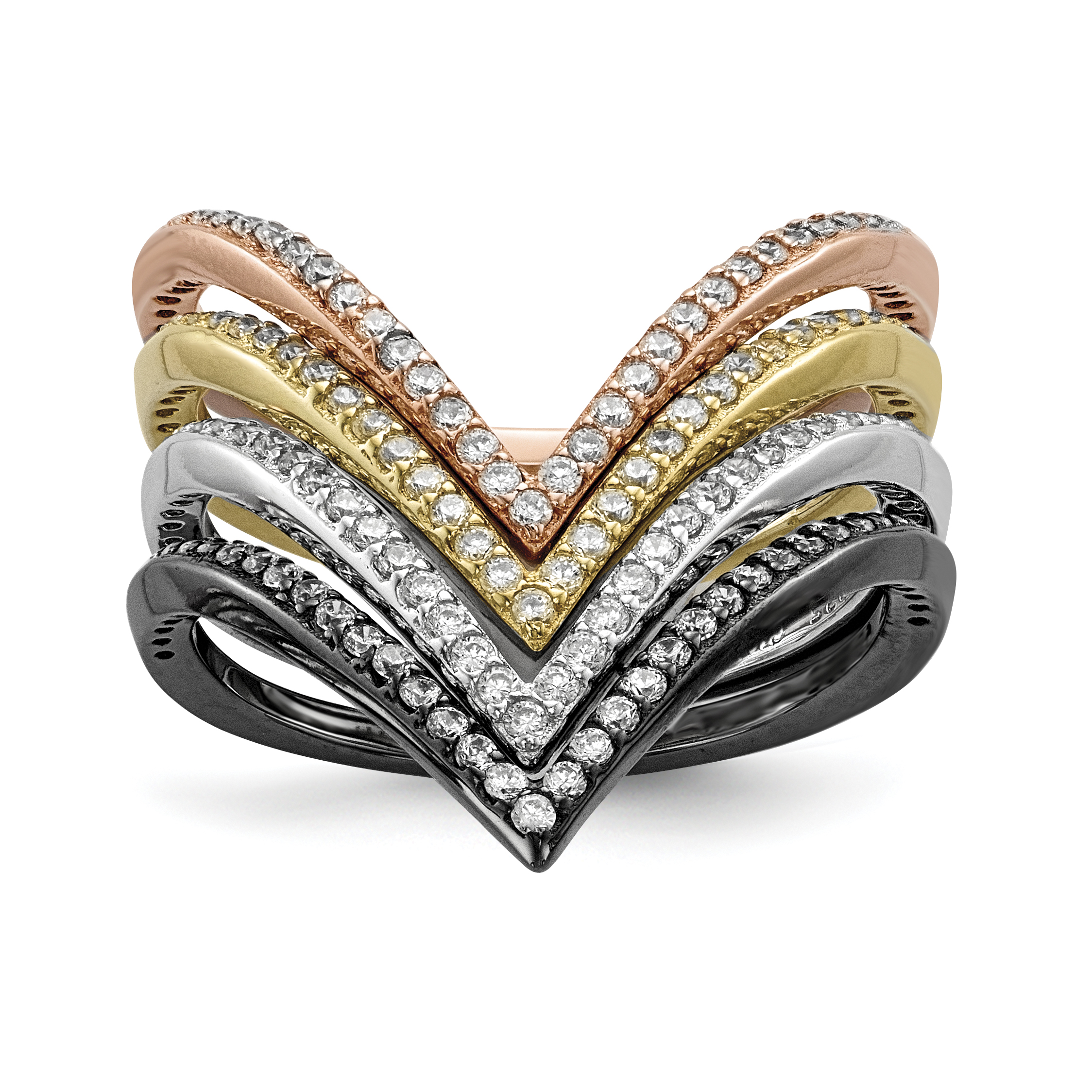 Sterling Silver Rhodium & Black-plate, Gold & Rose-tone CZ 4 Ring Set (QR6739-6)