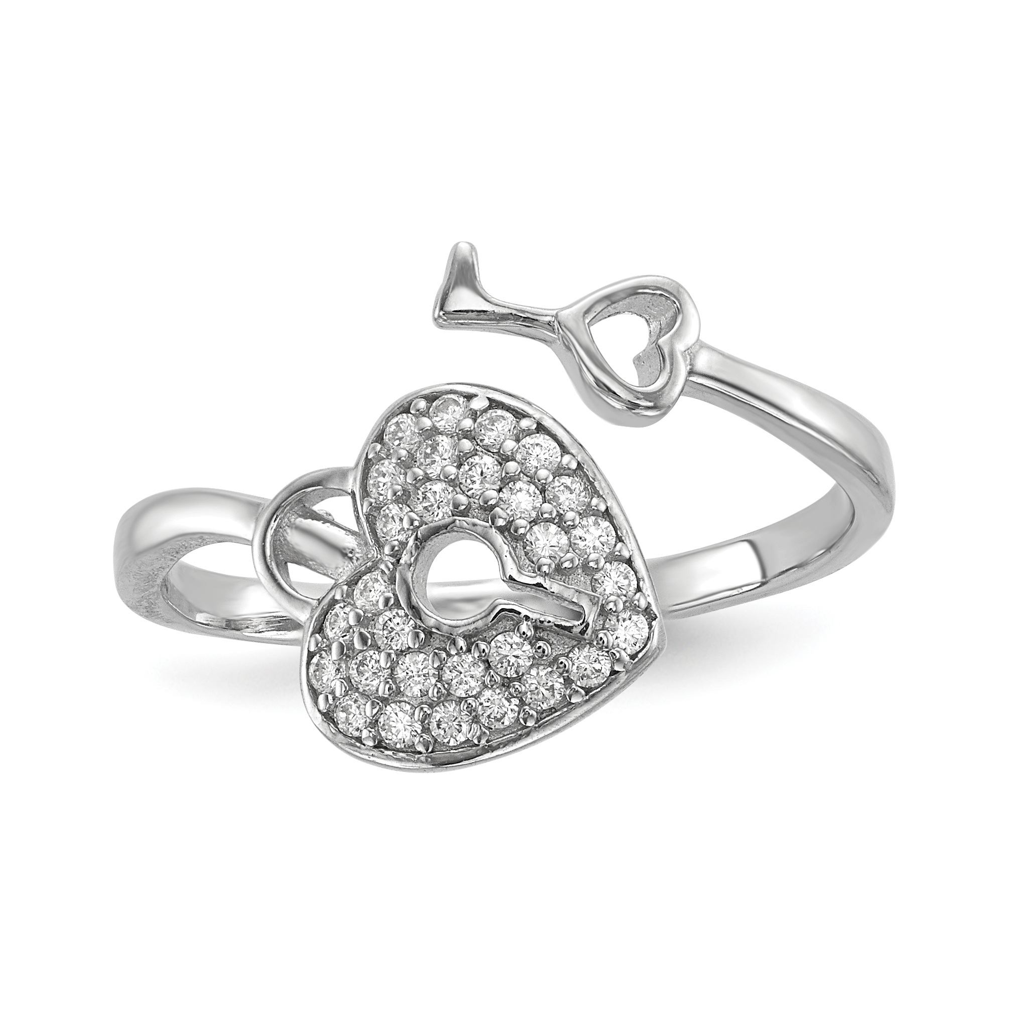 Sterling Silver Rhodium-plated CZ Heart Lock and Key Ring (QR6748-7)