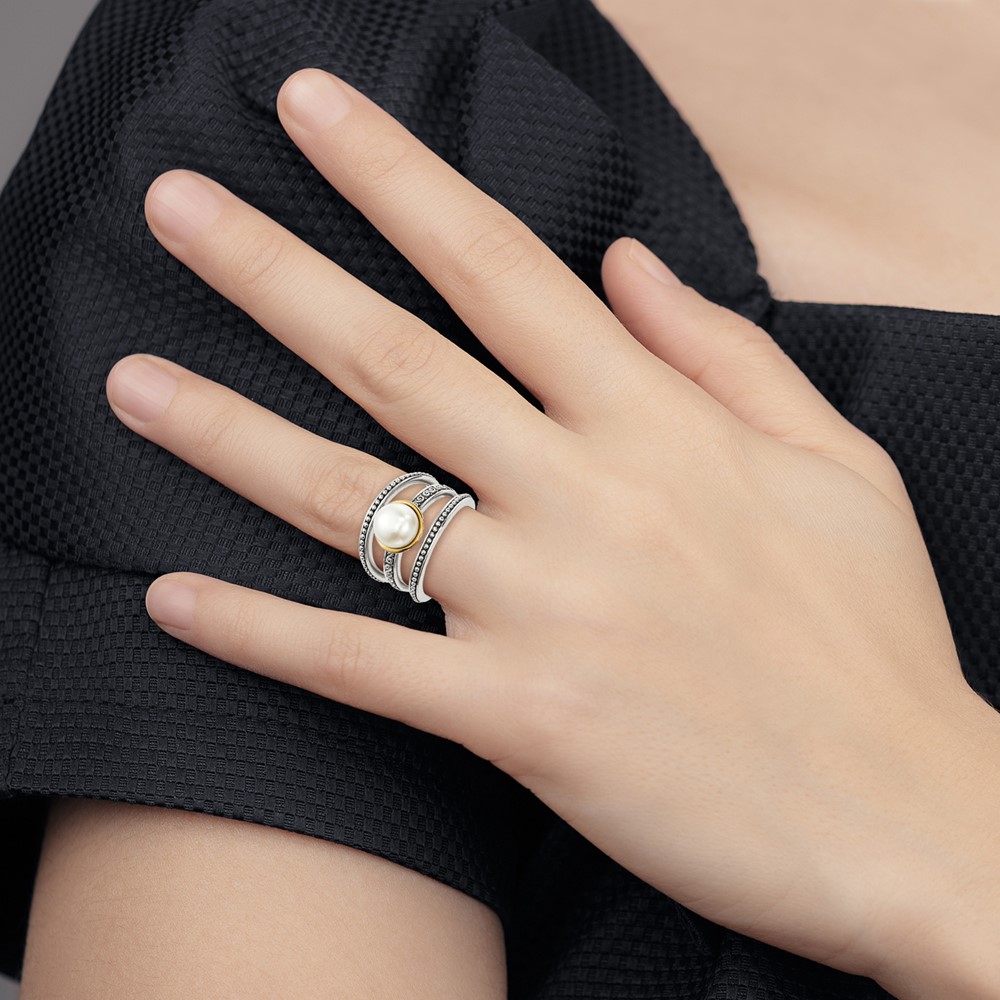 Sterling Silver w/14k Antiqued 8mm Button FWC Pearl Set of 3 Rings (QR6752-7)