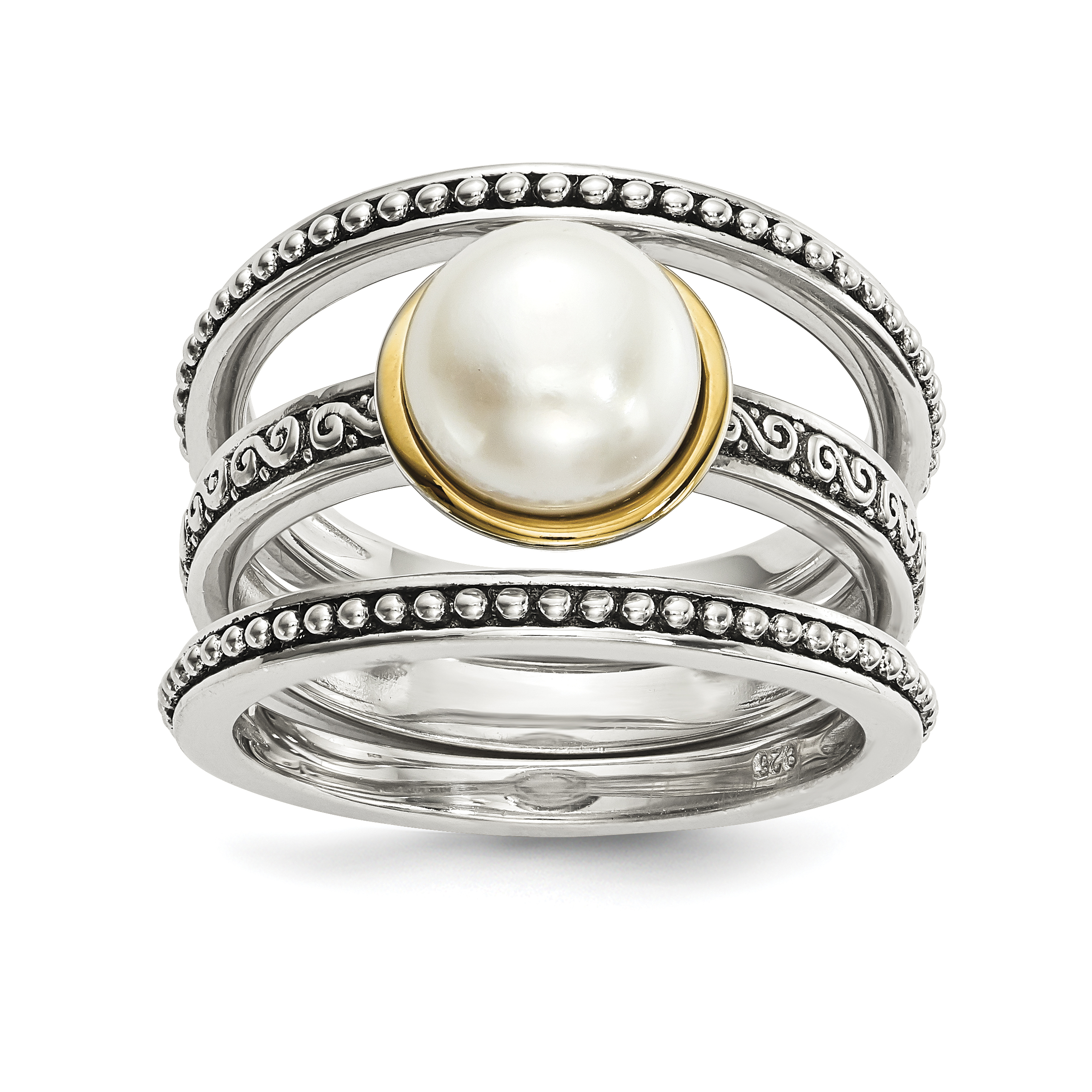 Sterling Silver w/14k Antiqued 8mm Button FWC Pearl Set of 3 Rings (QR6752-7)
