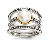 Sterling Silver Rings with 14K Antiqued 8mm Button Fwc Pearl Set of 3 view 1