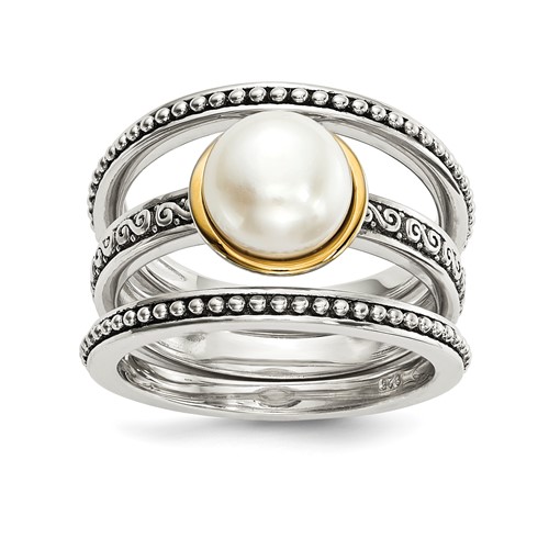 Sterling Silver Rings with 14K Antiqued 8mm Button Fwc Pearl Set of 3