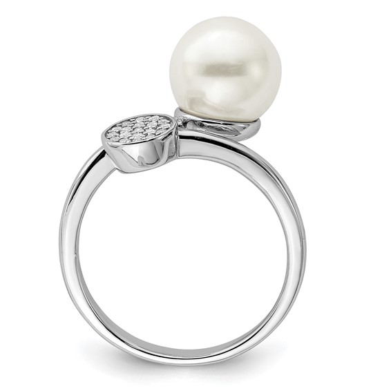 Sterling Silver Rhodium-plated Polished with CZ and Acrylic Pearl Ring