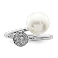 Sterling Silver Rhodium-plated Polished Ring with CZ and Acrylic Pearl view 4