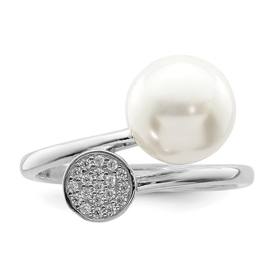 Sterling Silver Rhodium-plated Polished with CZ and Acrylic Pearl Ring
