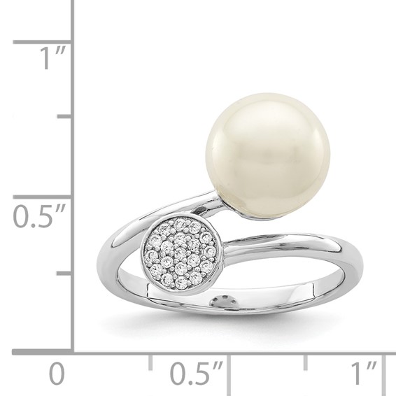 Sterling Silver Rhodium-plated Polished with CZ and Acrylic Pearl Ring