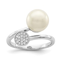 Sterling Silver Rhodium-plated Polished Ring with CZ and Acrylic Pearl view 1