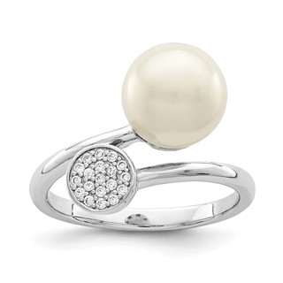 Sterling Silver Rhodium-plated Polished with CZ and Acrylic Pearl Ring