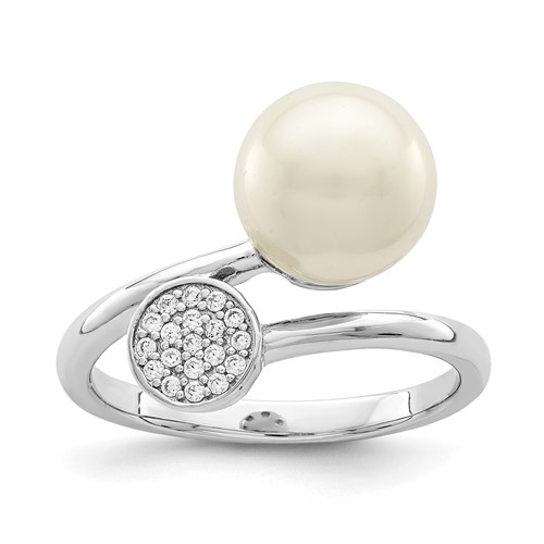 Sterling Silver Rhodium-plated Polished Ring with CZ and Acrylic Pearl