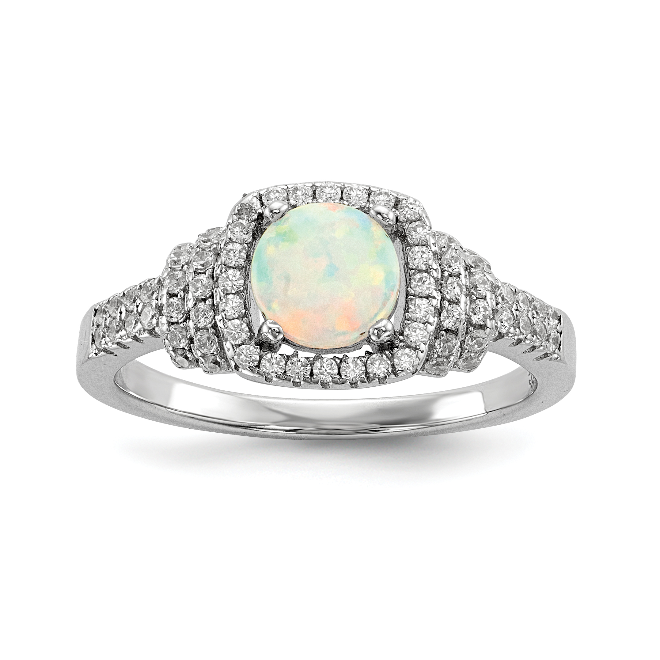 Sterling Silver Rhodium-plated CZ and Lab Created White Opal Ring (QR6758-6)