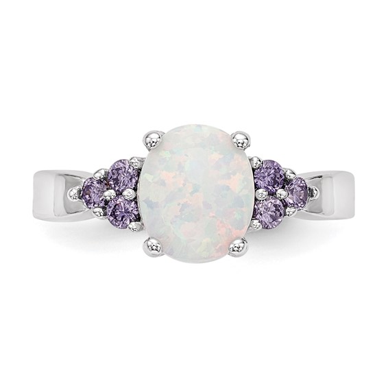 Sterling Silver Rhodium-plated Oval Created Opal w/Purple CZ Ring