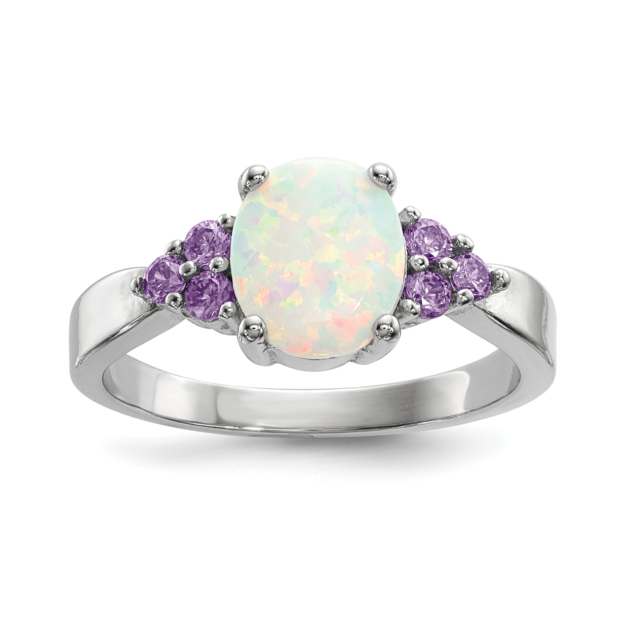 Sterling Silver Rhodium-plated Oval Created Opal w/Purple CZ Ring (QR6768-6)