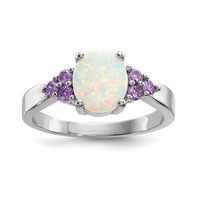 Sterling Silver Rhodium-plated Oval Created Opal Ring with Purple CZ view 1