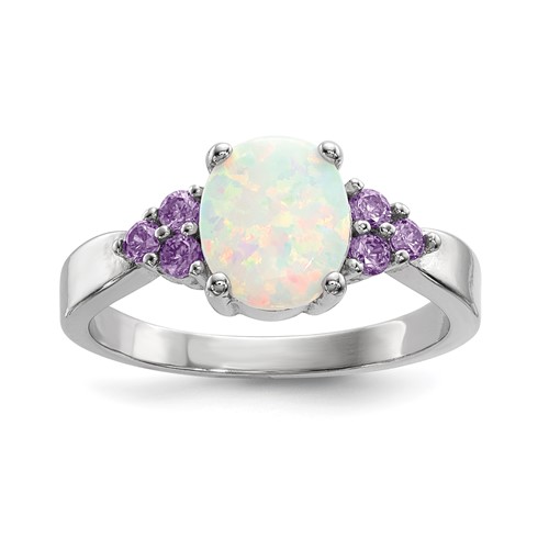 Sterling Silver Rhodium-plated Oval Created Opal Ring with Purple CZ