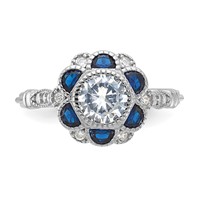 Sterling Silver Rhodium-plated CZ and Lab Cr. Blue Sapphire Flower Ring view 4