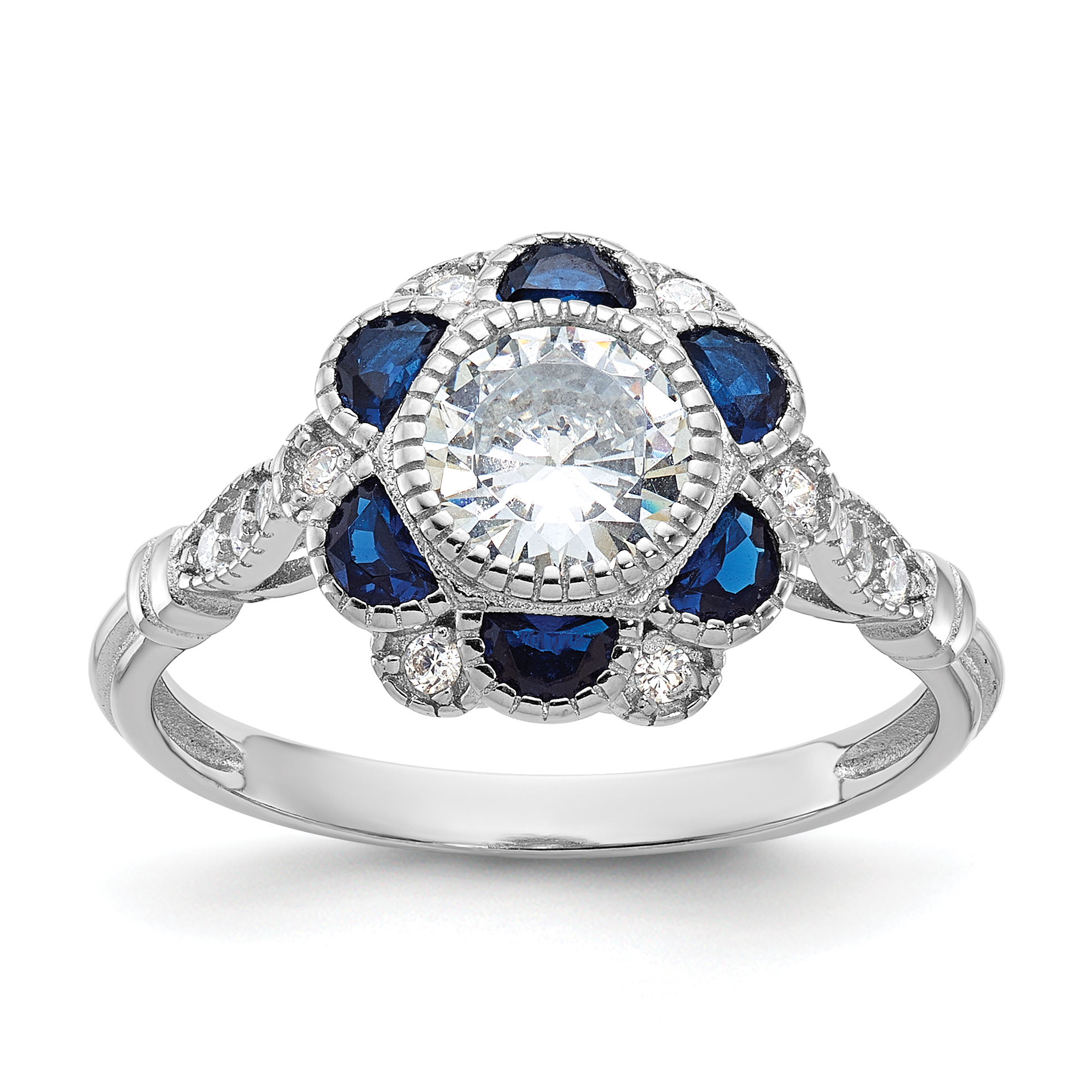 Sterling Silver Rhodium-plated CZ and Lab Cr. Blue Sapphire Flower Ring (QR6770-6)