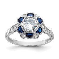 Sterling Silver Rhodium-plated CZ and Lab Cr. Blue Sapphire Flower Ring view 1