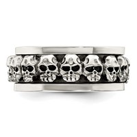 Sterling Silver Polished Spinning Center Antiqued Skull Ring view 4
