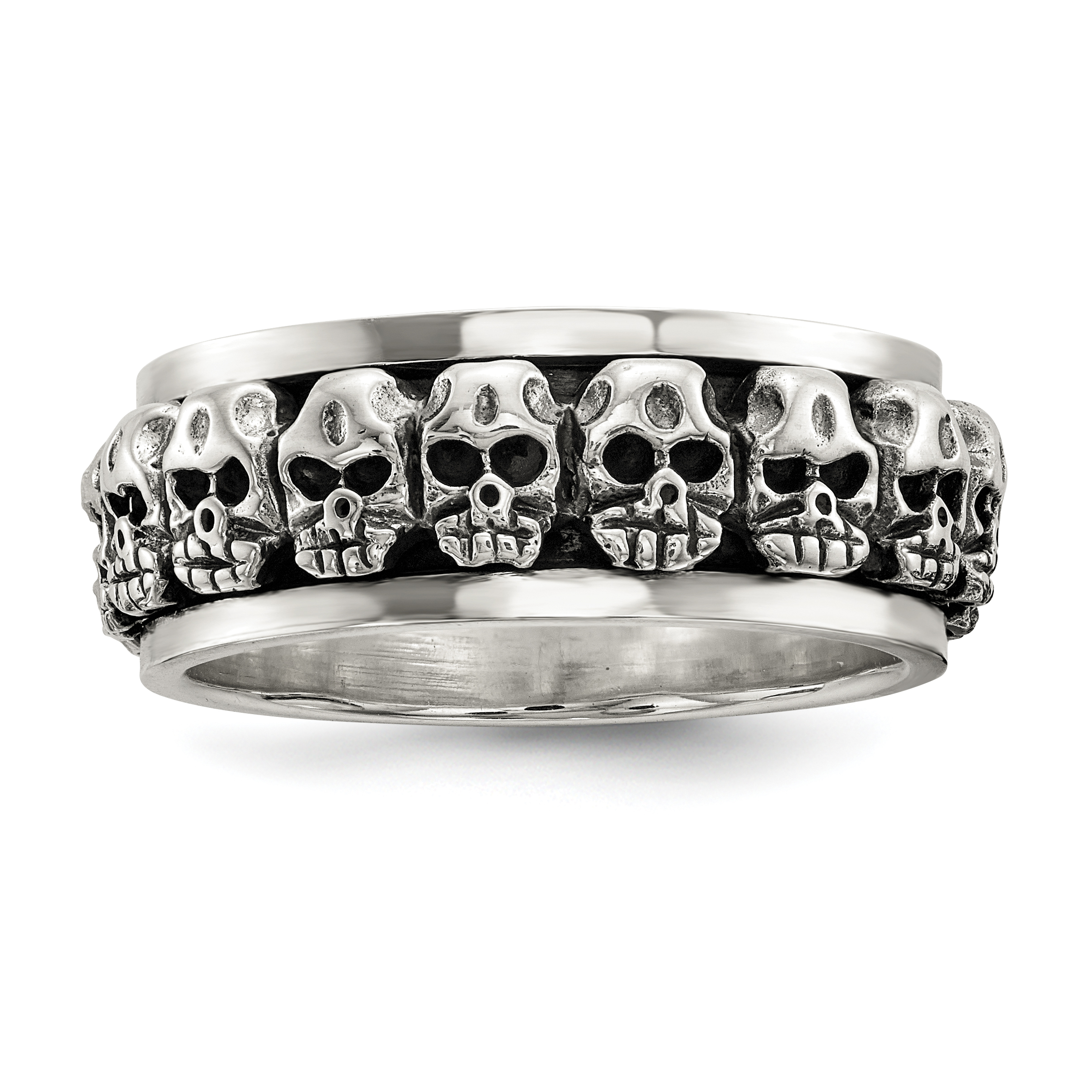 Sterling Silver Polished Spinning Center Antiqued Skull Ring (QR6775-10)