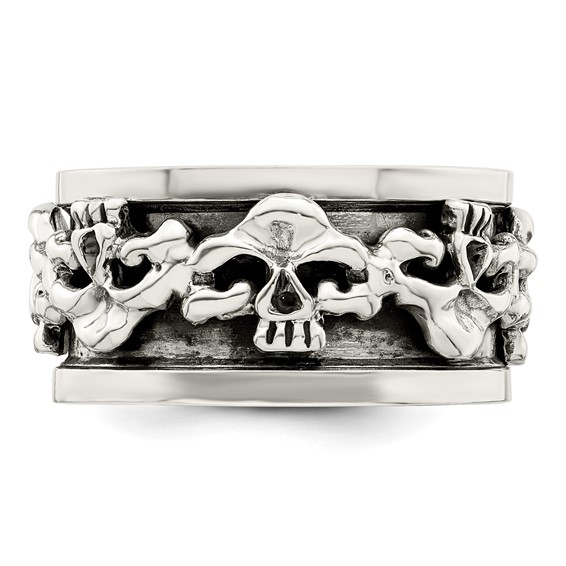 Sterling Silver Polished Spinning Center Antiqued Skull Ring