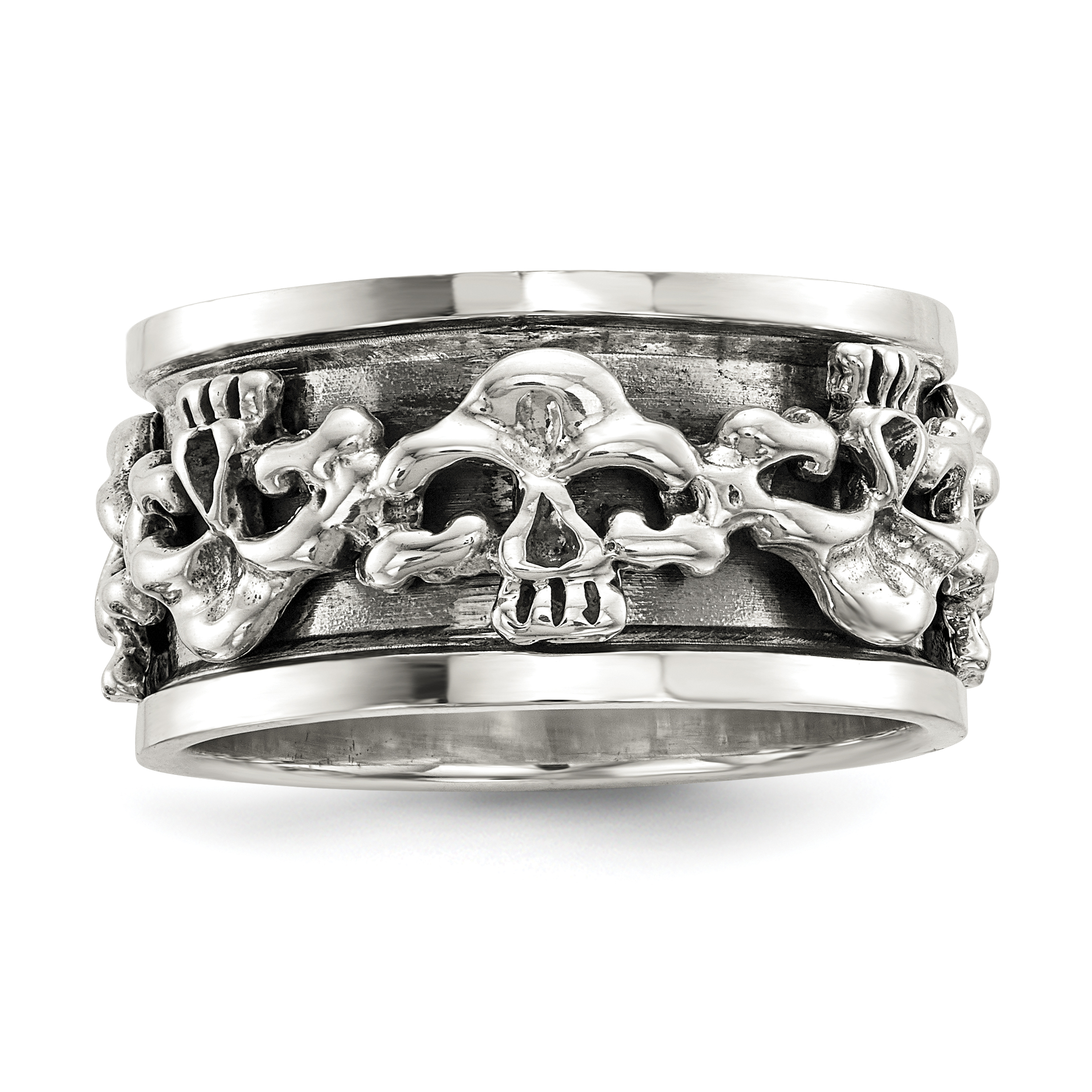 Sterling Silver Polished Spinning Center Antiqued Skull Ring (QR6776-10)