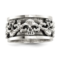Sterling Silver Polished Spinning Center Antiqued Skull Ring view 1