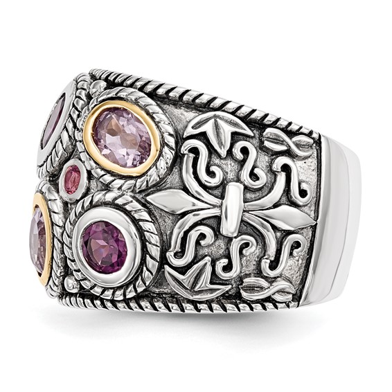 Sterling Silver Rhod. w/14k Pink Qrtz Rhodolite GA & Pink Tourmaline Ring