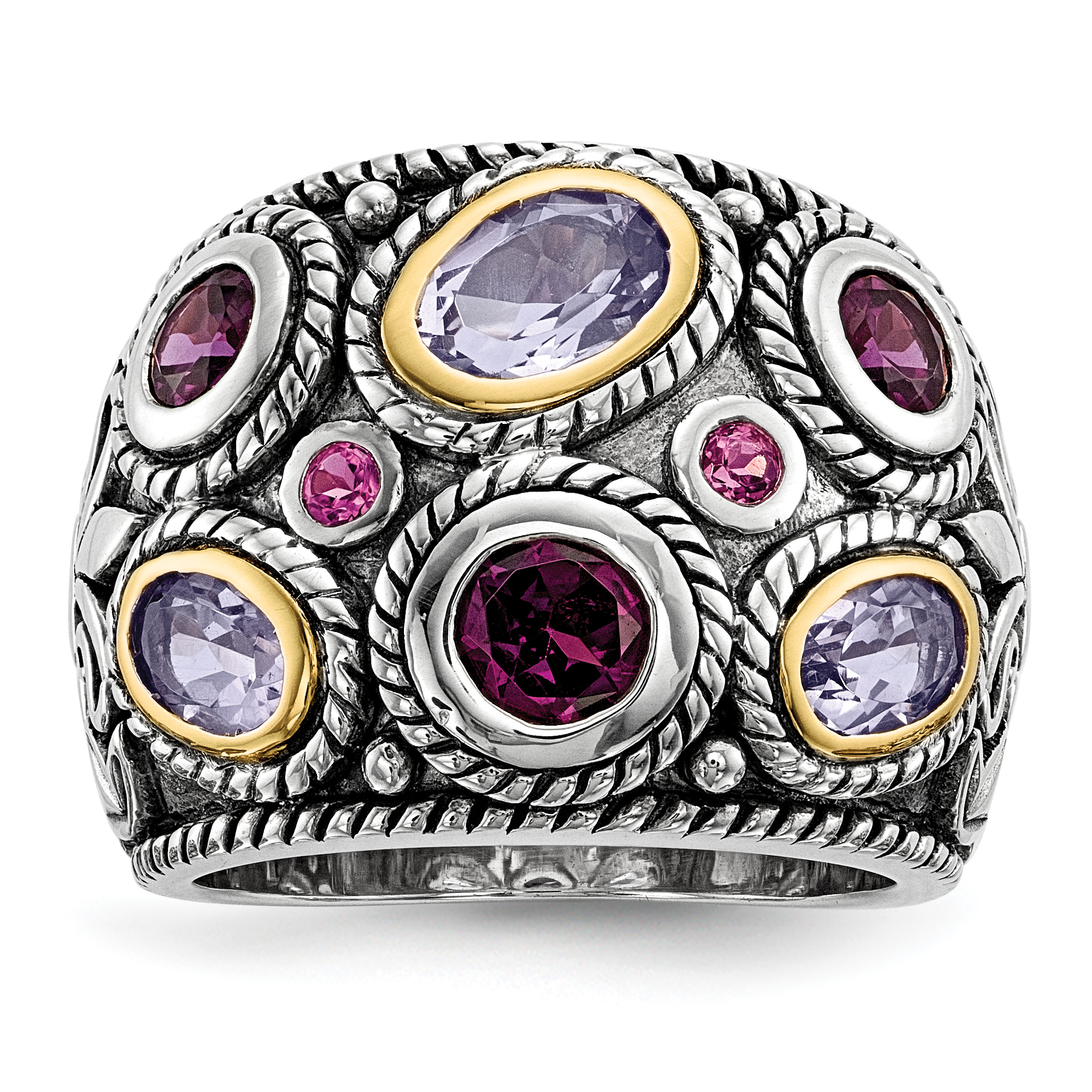 Sterling Silver Rhod. w/14k Pink Qrtz Rhodolite GA & Pink Tourmaline Ring (QR6785-6)