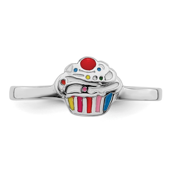 Sterling Silver RH-plated Multi-color Enameled Cupcake Children's Ring