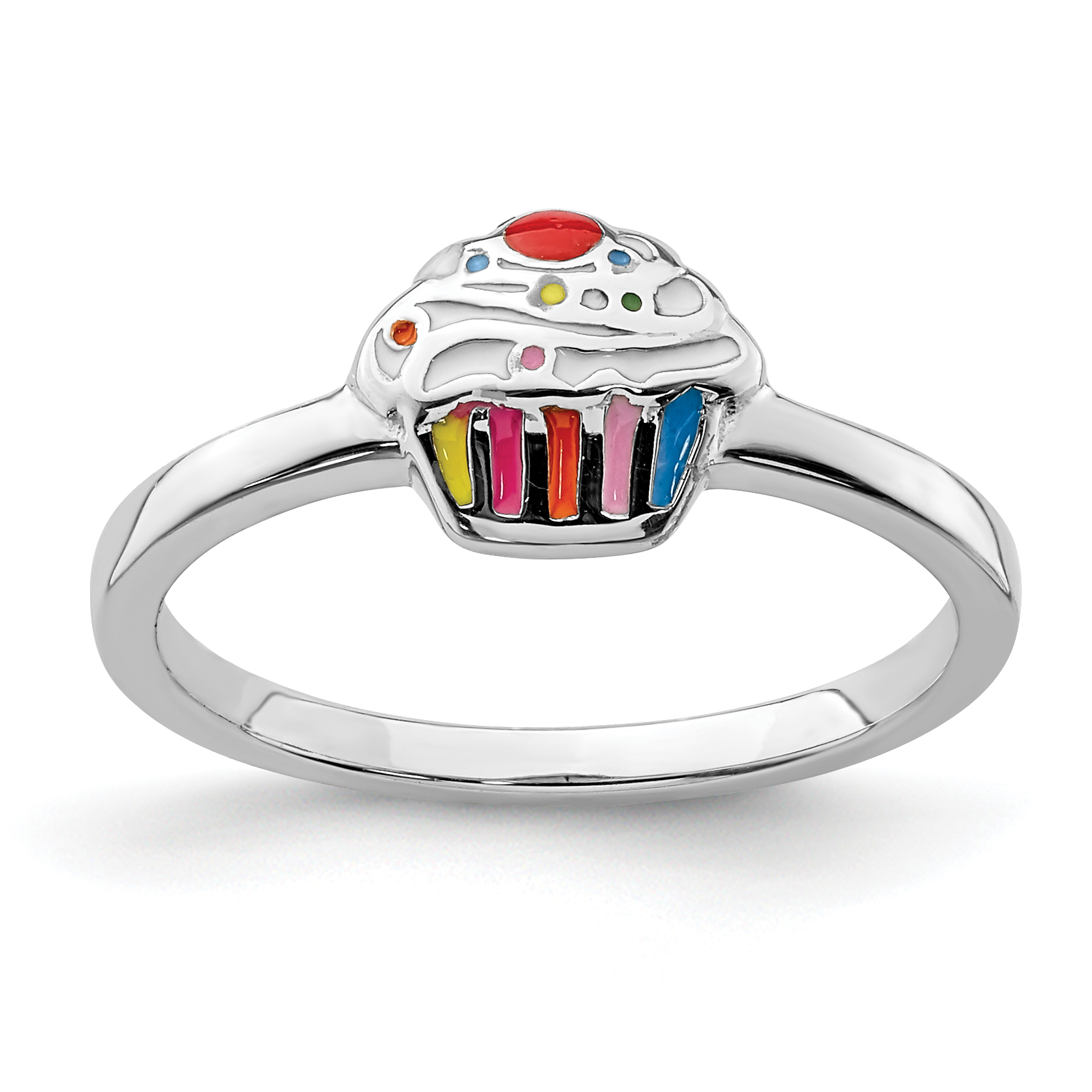 Sterling Silver RH-plated Multi-color Enameled Cupcake Children's Ring (QR6801-3)