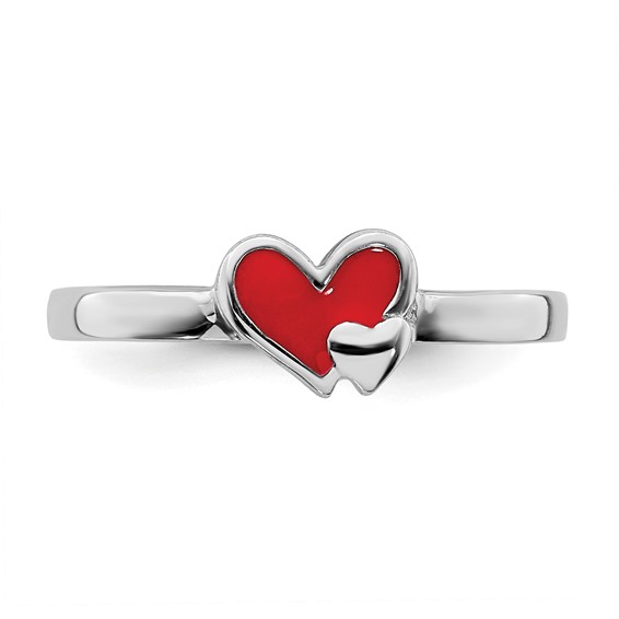 Sterling Silver RH-plated Red Enameled Double Heart Children's Ring