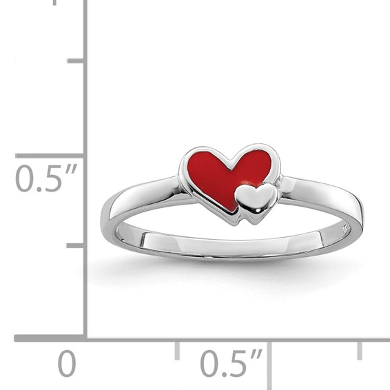Sterling Silver RH-plated Red Enameled Double Heart Children's Ring