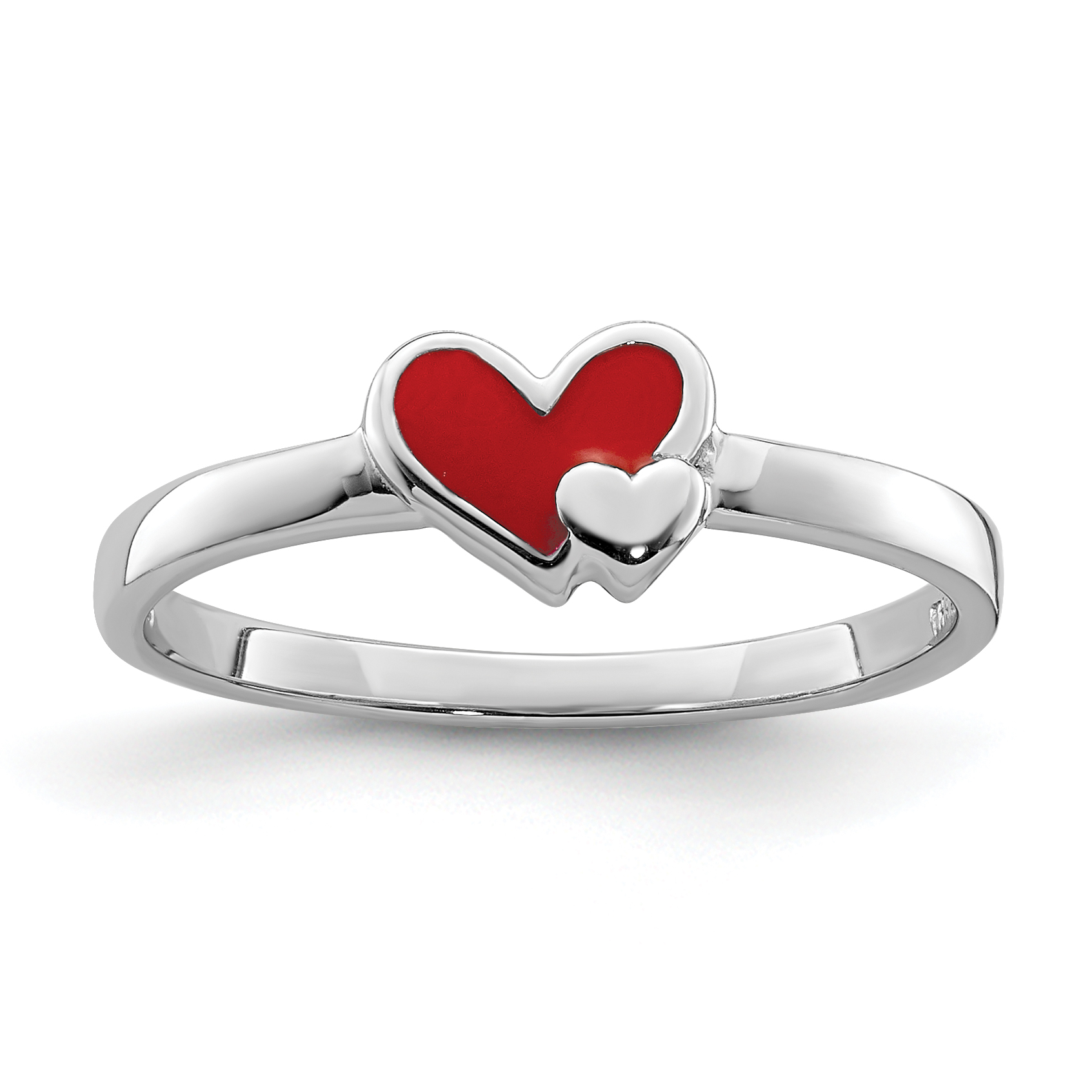 Sterling Silver RH-plated Red Enameled Double Heart Children's Ring (QR6805-4)