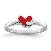 Sterling Silver RH-plated Red Enameled Double Heart Ring view 1