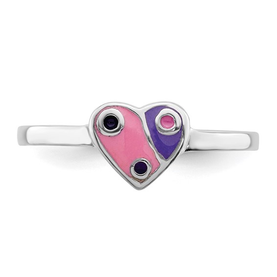 Sterling Silver RH-plated Pink & Purple Enameled Heart Children's Ring