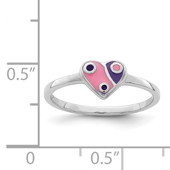 Sterling Silver RH-plated Pink & Purple Enameled Heart Children's Ring