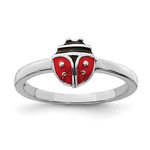 Sterling Silver Rhod-plated Polished & Enameled Ladybug Ring, Size 3