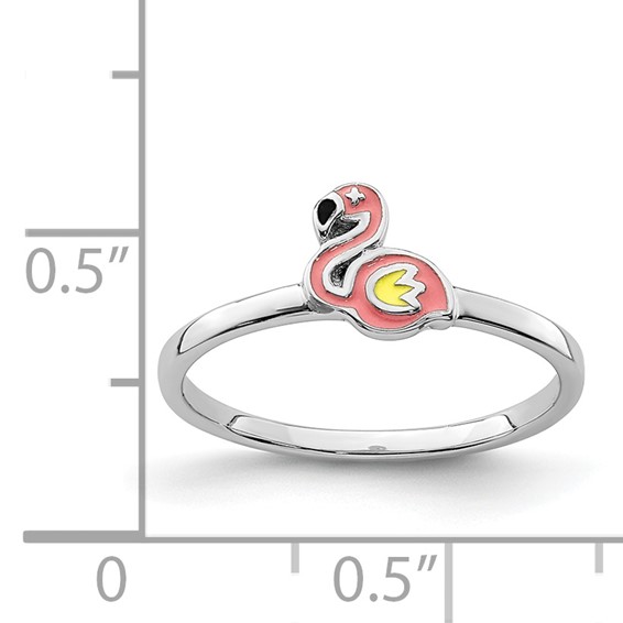 Sterling Silver Rhodium-plated Multi-color Enameled Flamingo Children's Ring