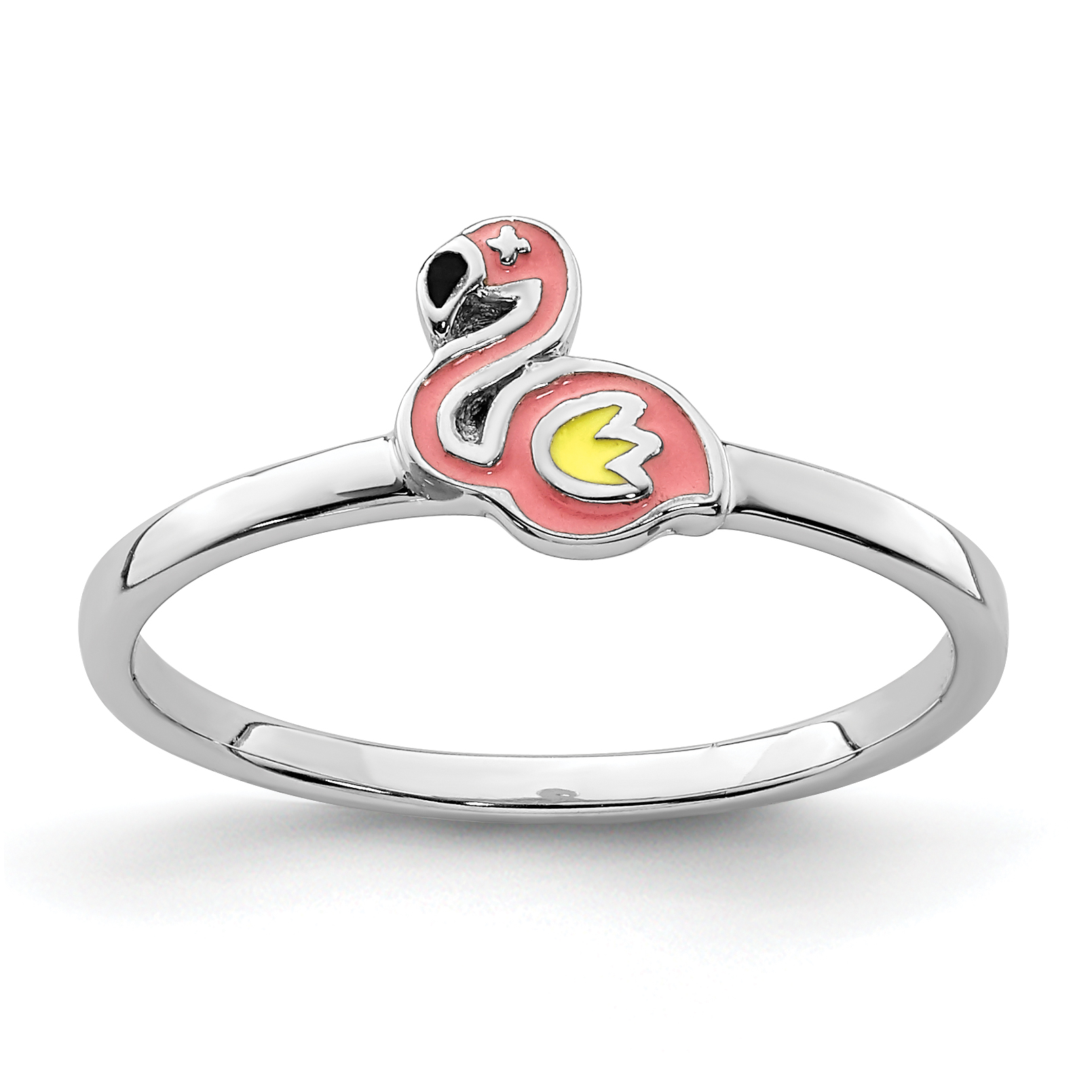 Sterling Silver Rhodium-plated Multi-color Enameled Flamingo Children's Ring (QR6813-4)