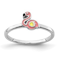 Sterling Silver Rhodium-plated Multi-color Enameled Flamingo Ring view 1